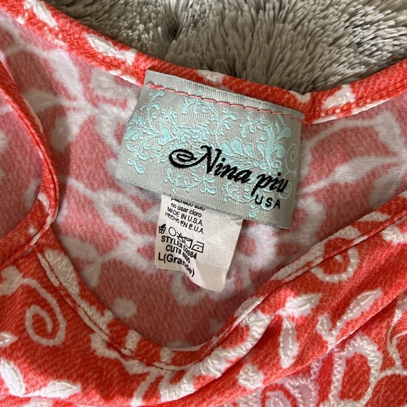 Floral sundress L coral white textured poly stretch full skirt color block Nina - Picture 3 of 7